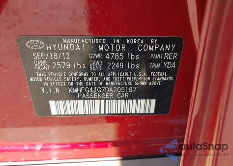 2013 Hyundai Azera z USA, uszkodzony, nr VIN KMHFG4JG7DA205187